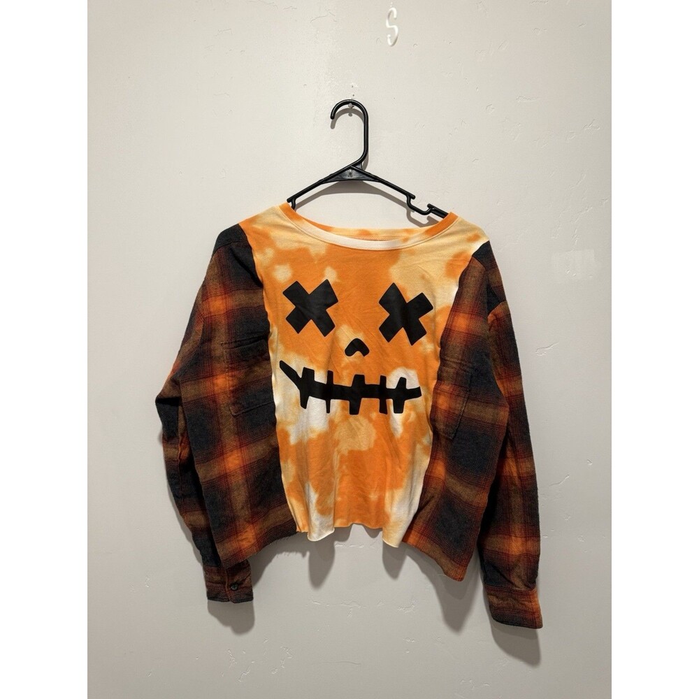 Rework Upcycle Grunge Oversize Crop Halloween Pumpkin Face Fall Flannel Top S/M